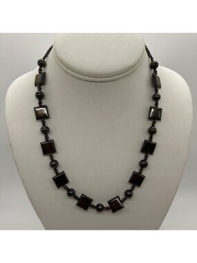 Vintage Art Deco Hematite Beaded Necklace Black Geometric Square & Spherical Met